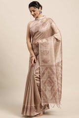 Silk Blend Beige Printed Designer Saree