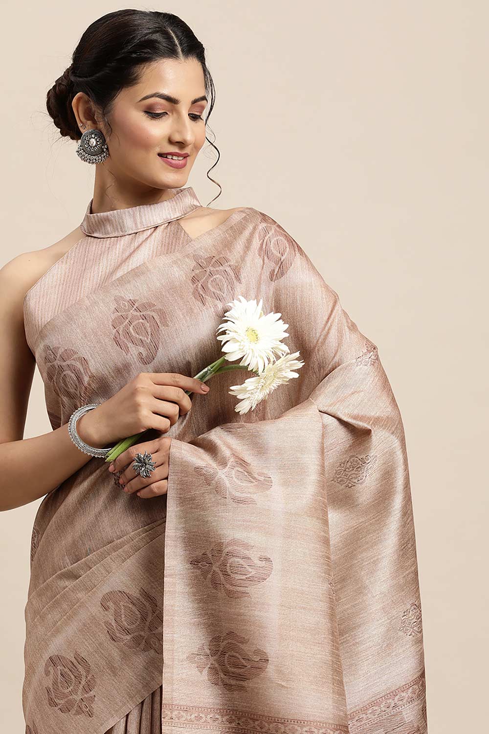 Silk Blend Beige Printed Designer Saree