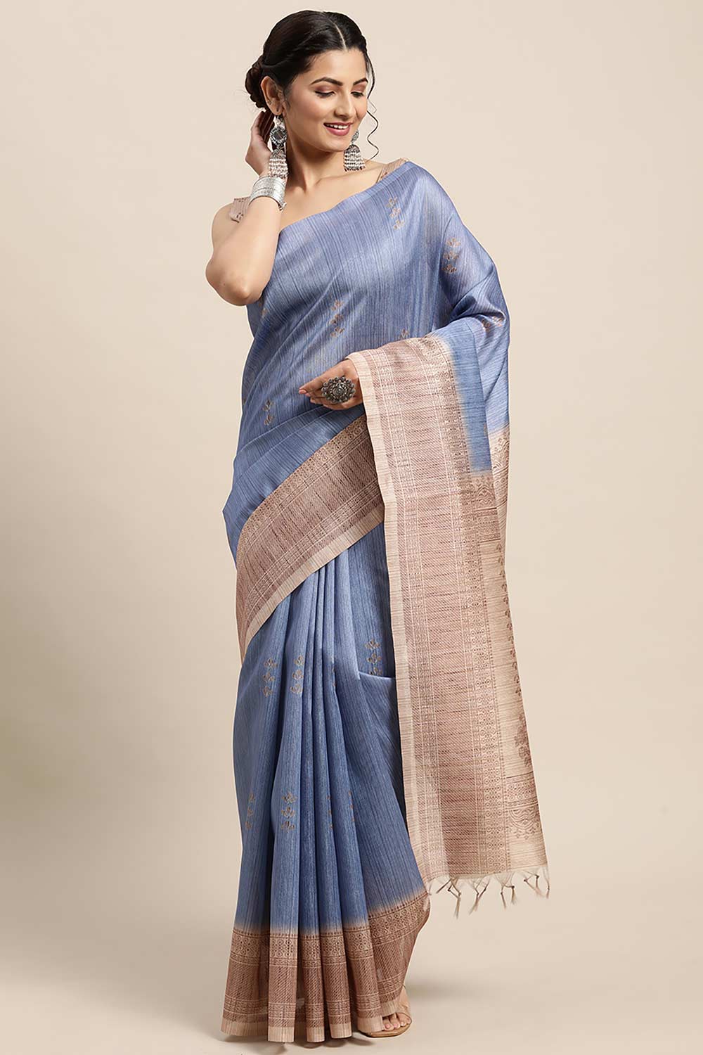 Silk Blend Blue Printed Designer Saree