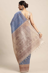 Silk Blend Blue Printed Designer Saree