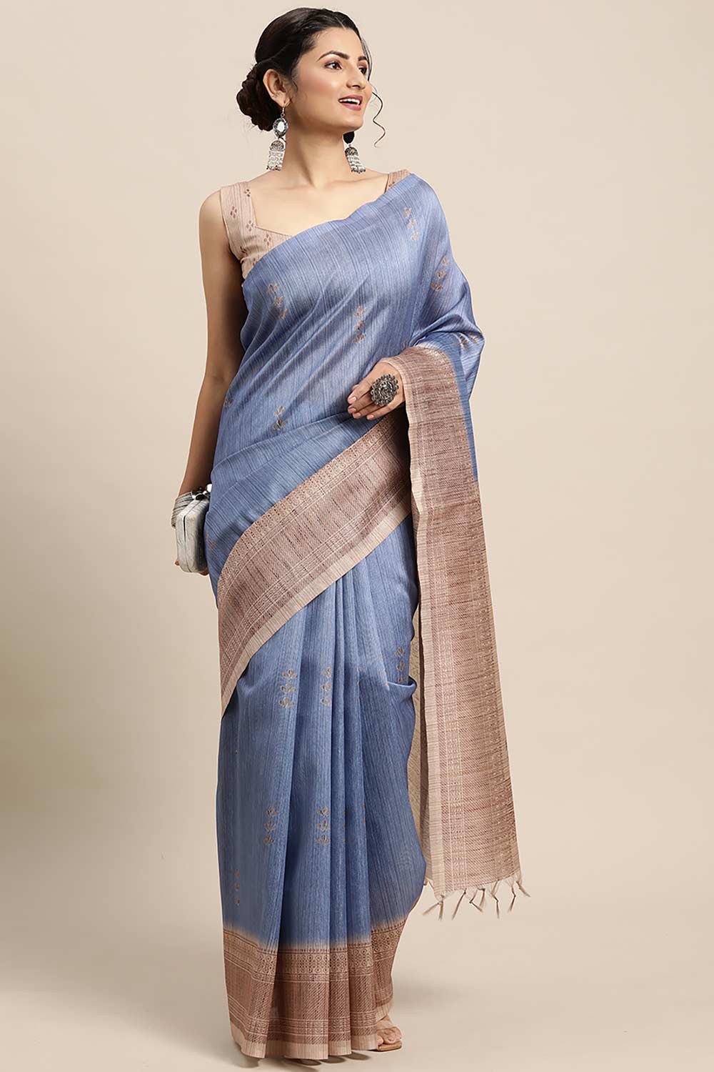 Silk Blend Blue Printed Designer Saree