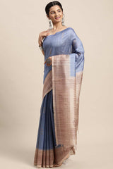 Silk Blend Blue Printed Designer Saree