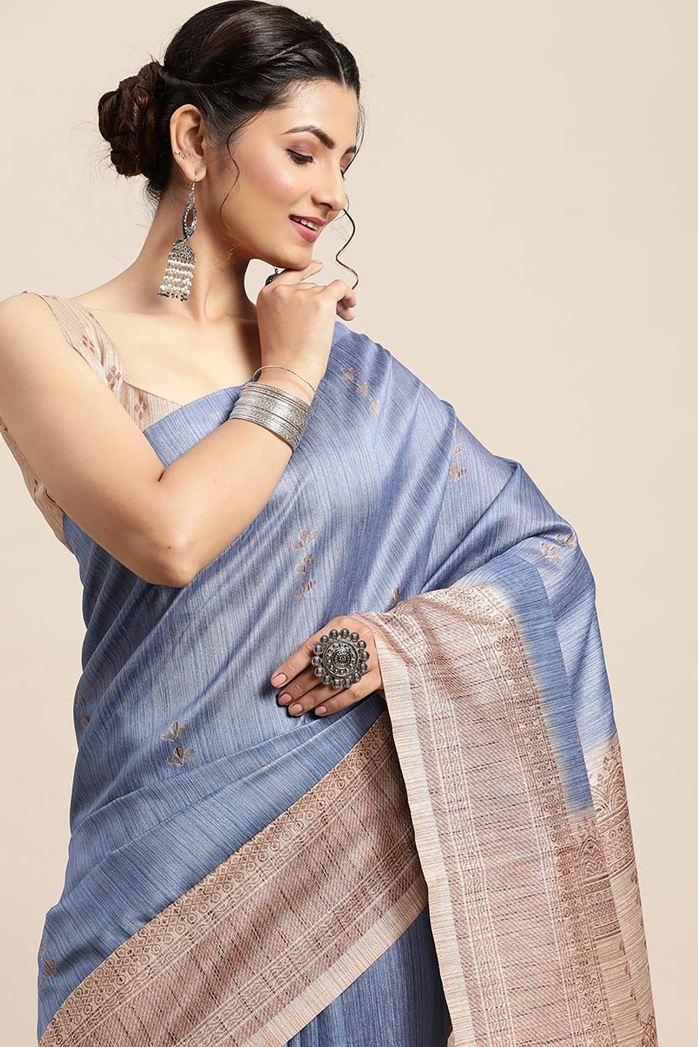 Silk Blend Blue Printed Designer Saree