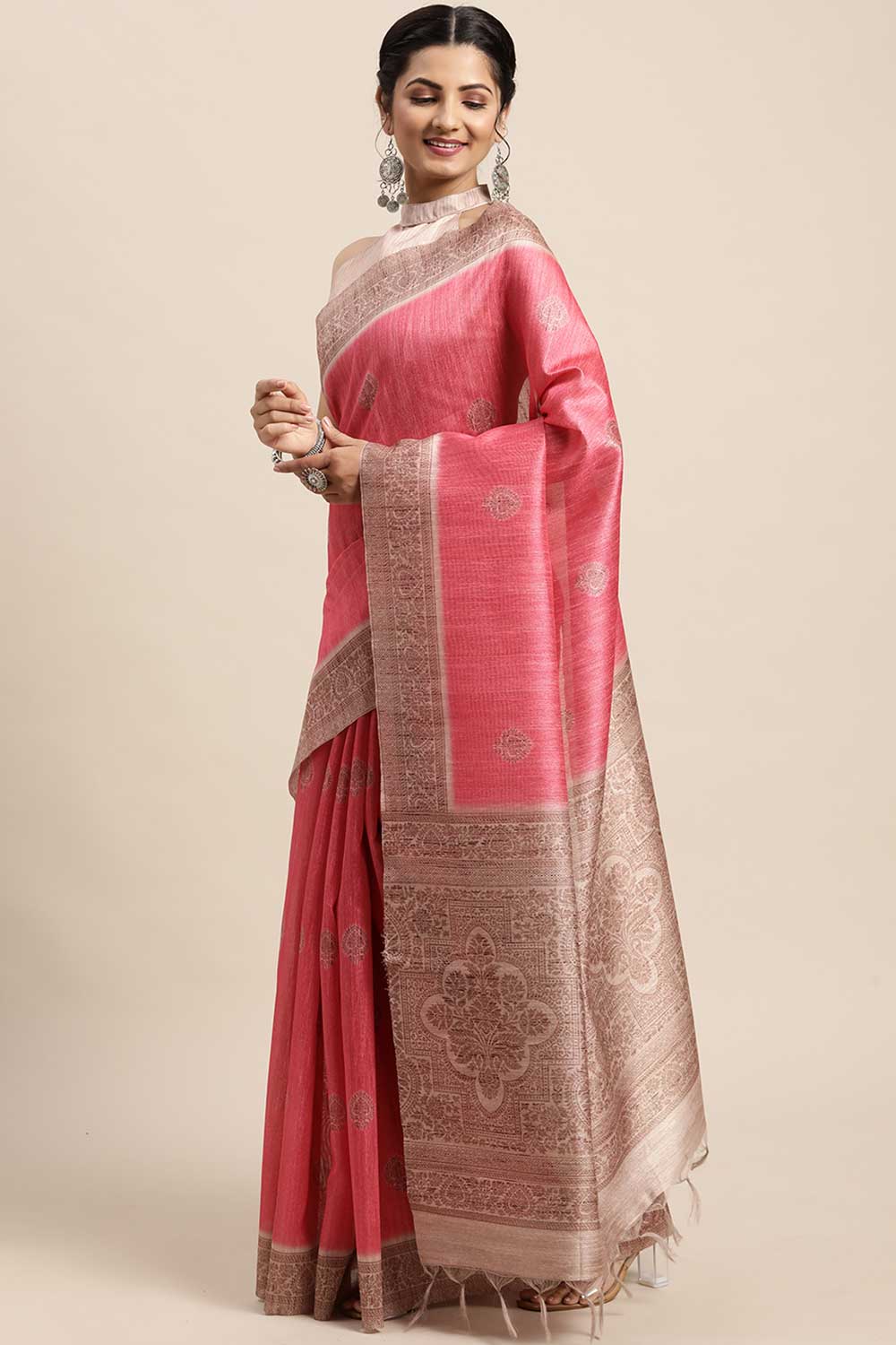 Silk Blend Pink Printed Designer Saree