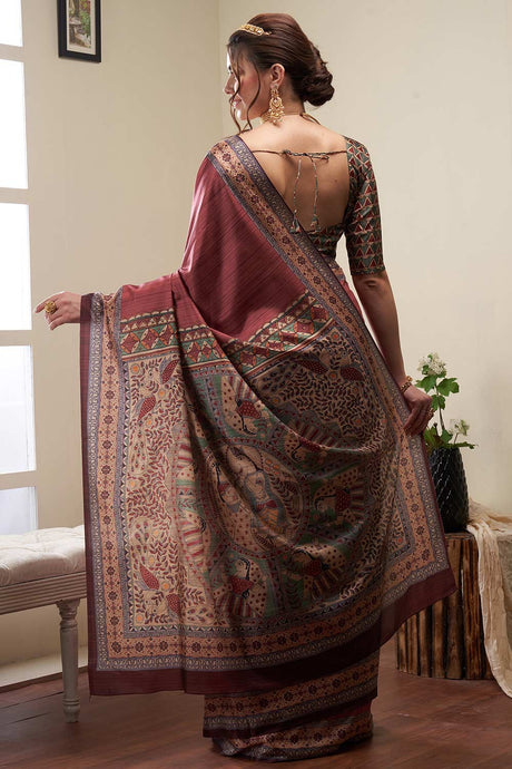 Brown Silk Blend Kalamkari Digital Print Banarasi Saree