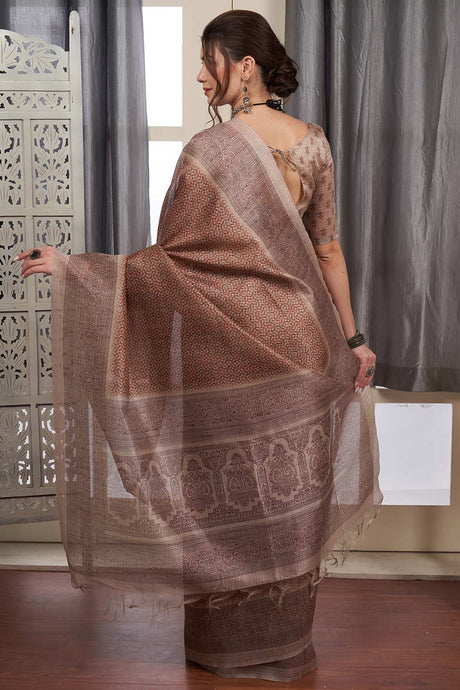 Brown Silk Blend Geometric Digital Print Banarasi Saree