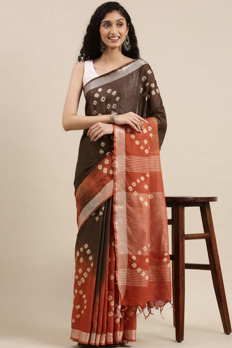 Cotton Blend Tie And Dye Saree In Brown