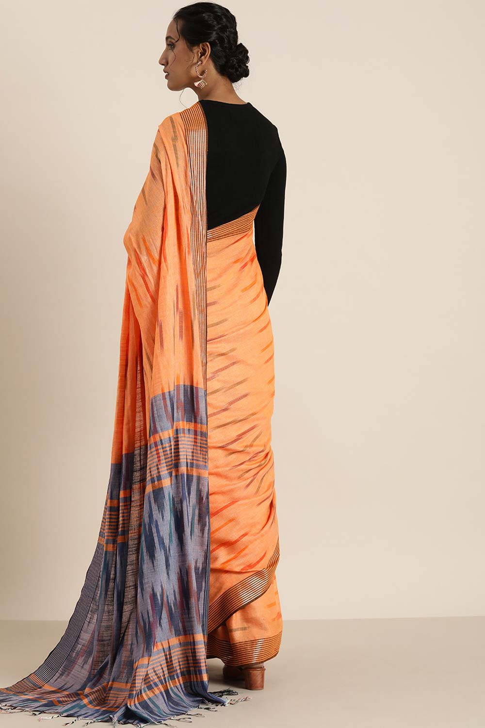 Cotton Blend Ikat Saree In Peach