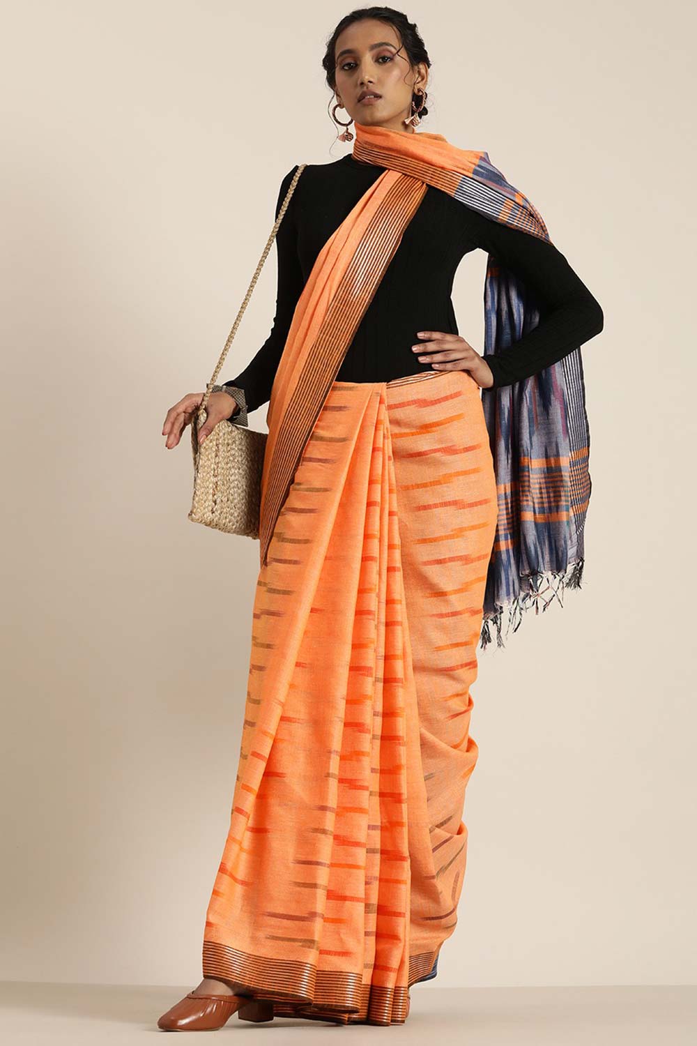 Cotton Blend Ikat Saree In Peach