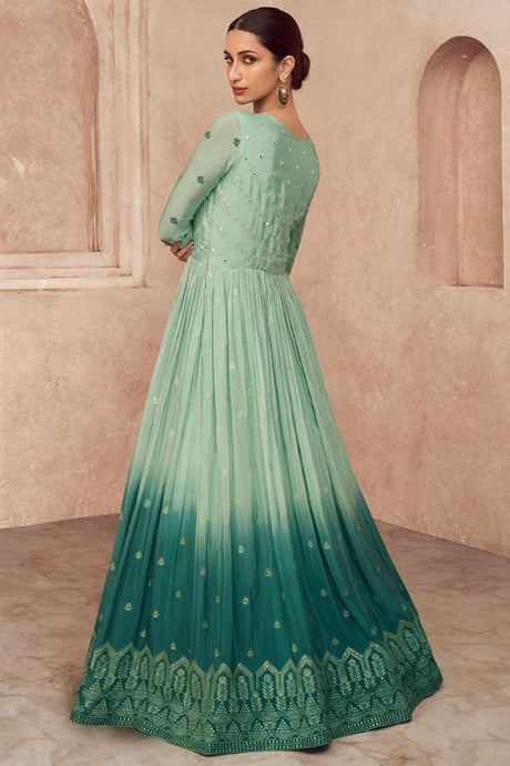 Buy Sky-blue georgette resham embroidery Anarkali Suit Set Online - Back