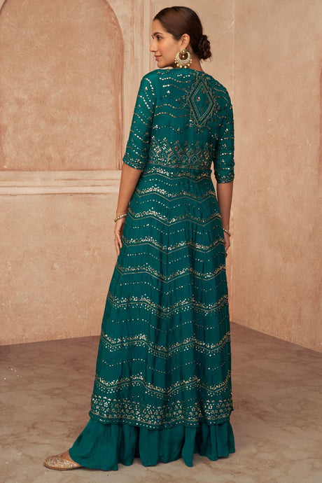 Buy Teal-green georgette resham embroidery Anarkali Suit Set Online - Back