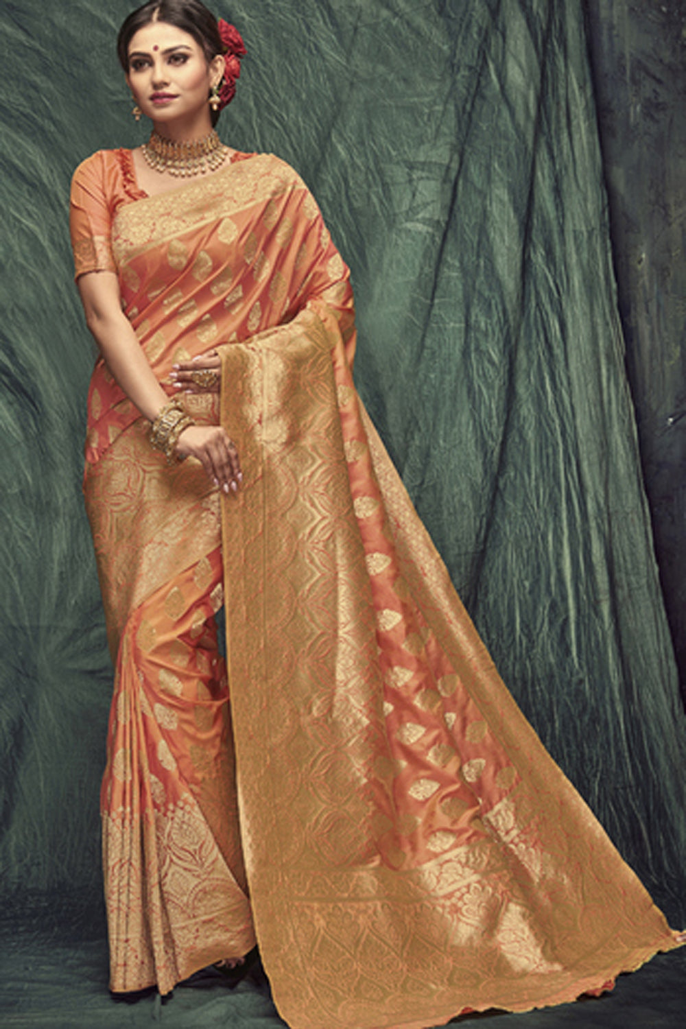 Jacquard Zari Saree In Orange