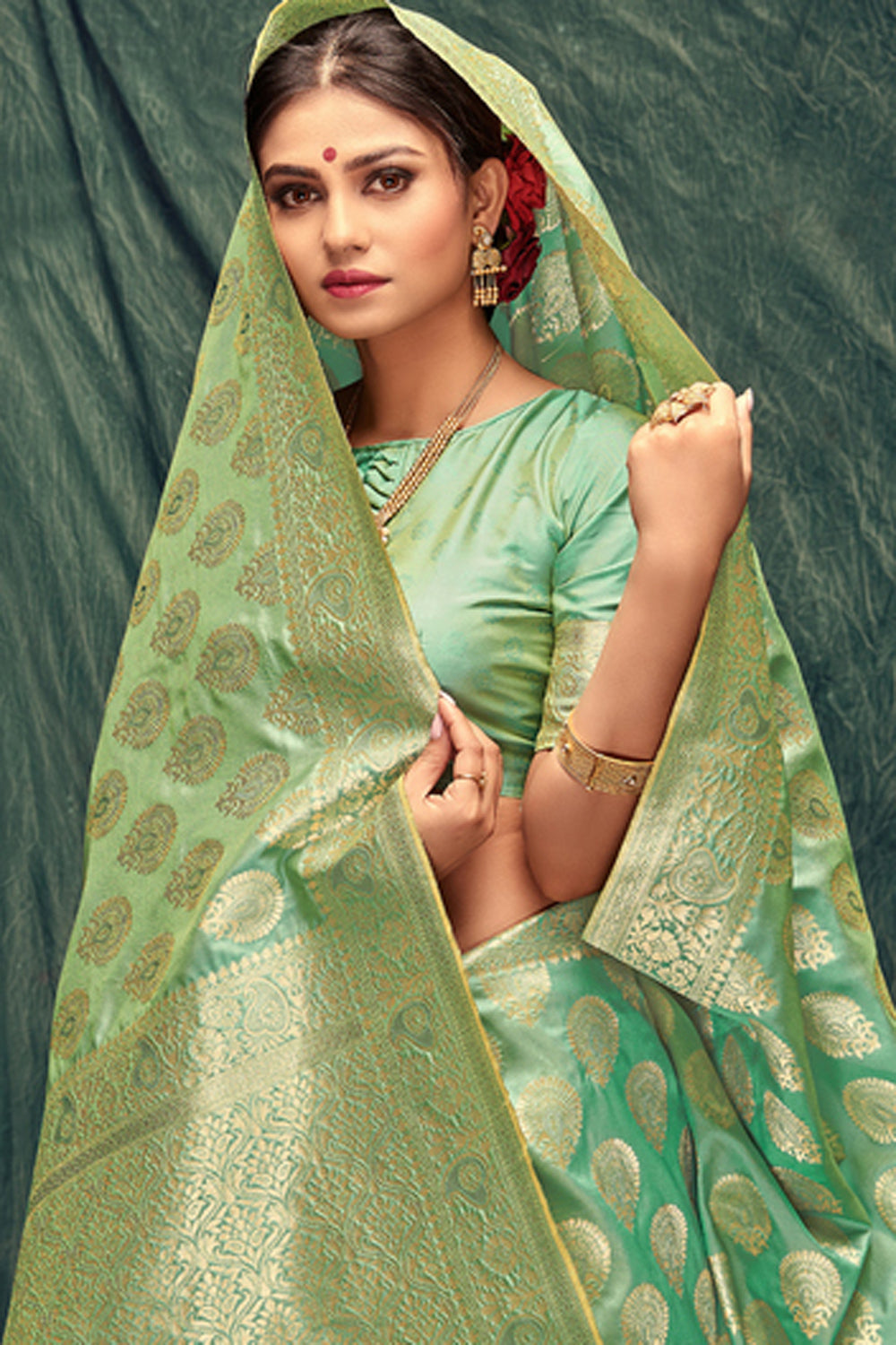 Jacquard Zari Saree In Light Green