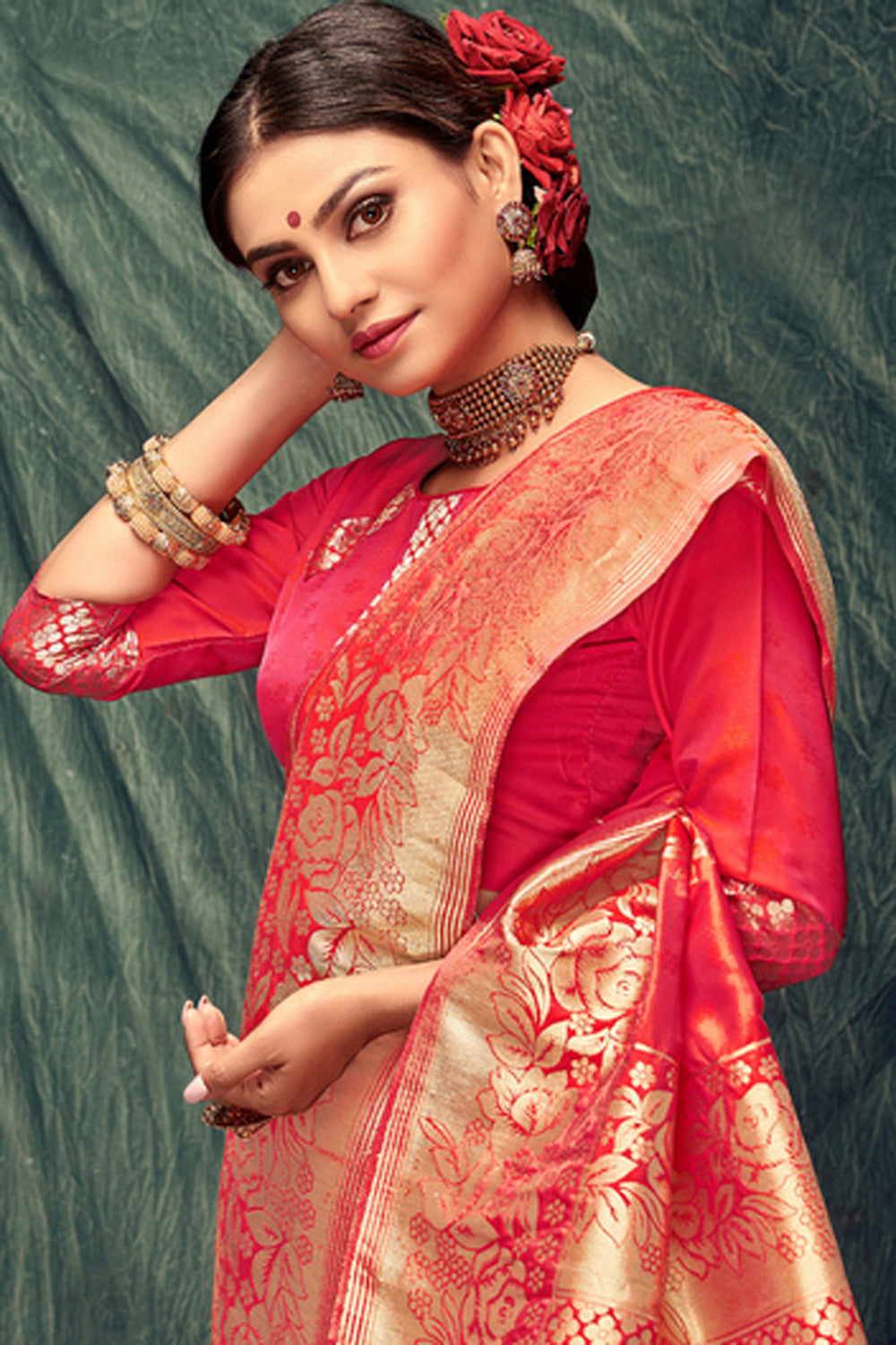 Jacquard Zari Saree In Red