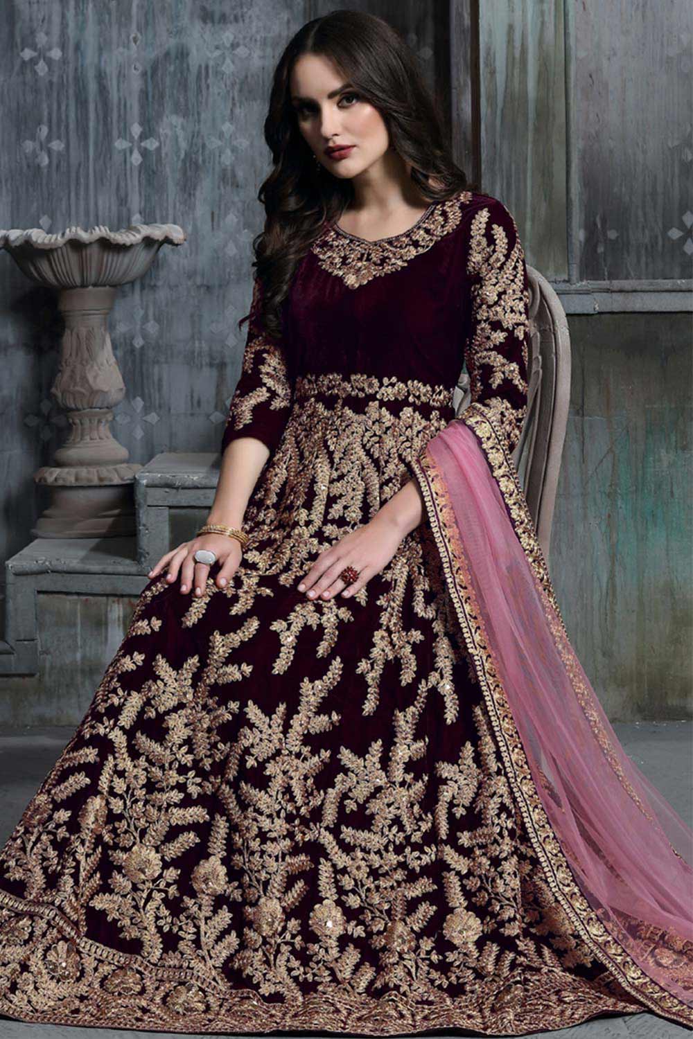 Dark Wine Velvet Resham Embroidery Anarkali Suit Set