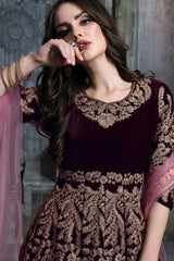Buy Dark-wine velvet resham embroidery Anarkali Suit Set Online - Back