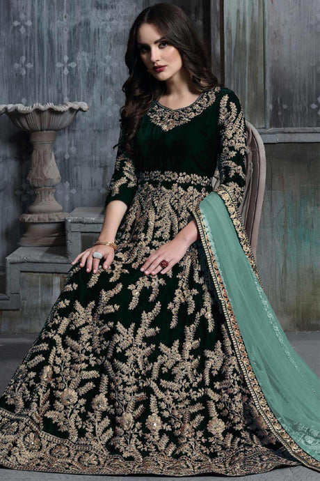 Buy dark-green velvet resham embroidery Anarkali Suit Set Online - Back