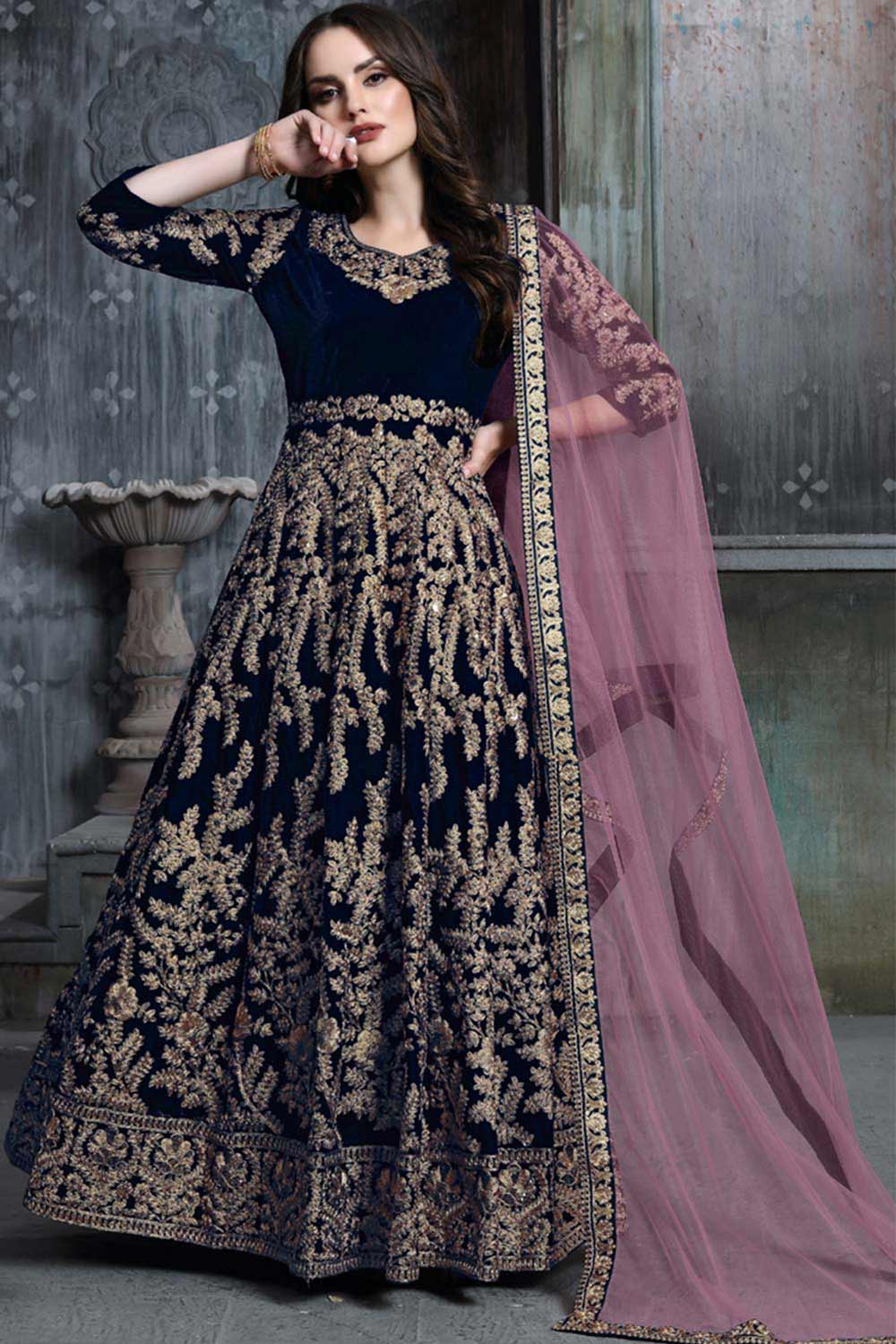 Dark Blue Velvet Resham Embroidery Anarkali Suit Set