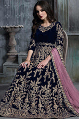 Buy dark-blue velvet resham embroidery Anarkali Suit Set Online - Back