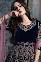 Buy dark-blue velvet resham embroidery Anarkali Suit Set Online - Front