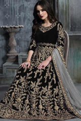 Black Velvet Resham Embroidery Anarkali Suit Set