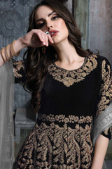 Buy black velvet resham embroidery Anarkali Suit Set Online - Back