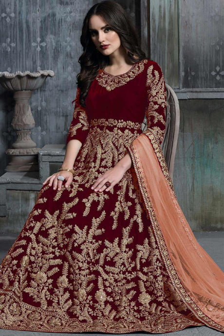 Buy maroon velvet resham embroidery Anarkali Suit Set Online - Back