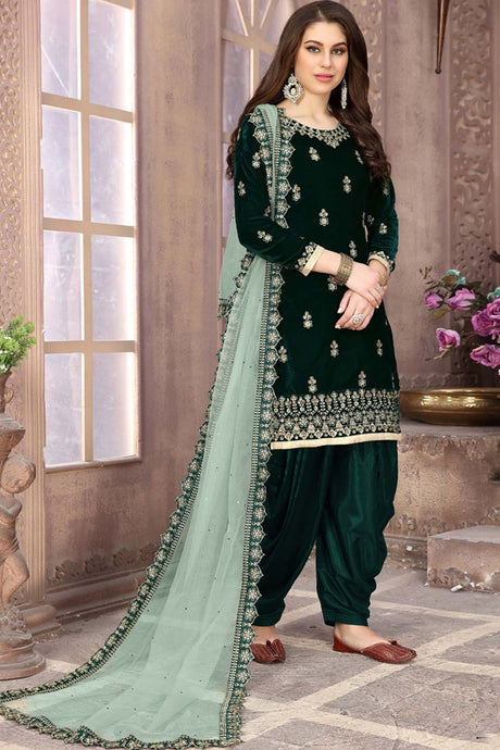 Buy green velvet resham embroidery Patiala Suit Set Online - Back