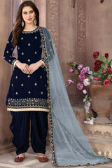 Buy blue velvet resham embroidery Patiala Suit Set Online - Back