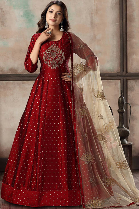 Buy red silk resham embroidery Anarkali Suit Set Online - Back