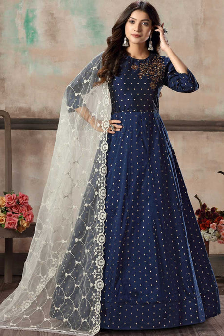 Blue Silk Resham Embroidery Anarkali Suit Set
