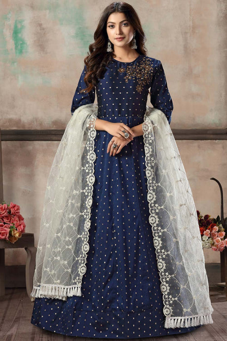 Buy blue silk resham embroidery Anarkali Suit Set Online - Back