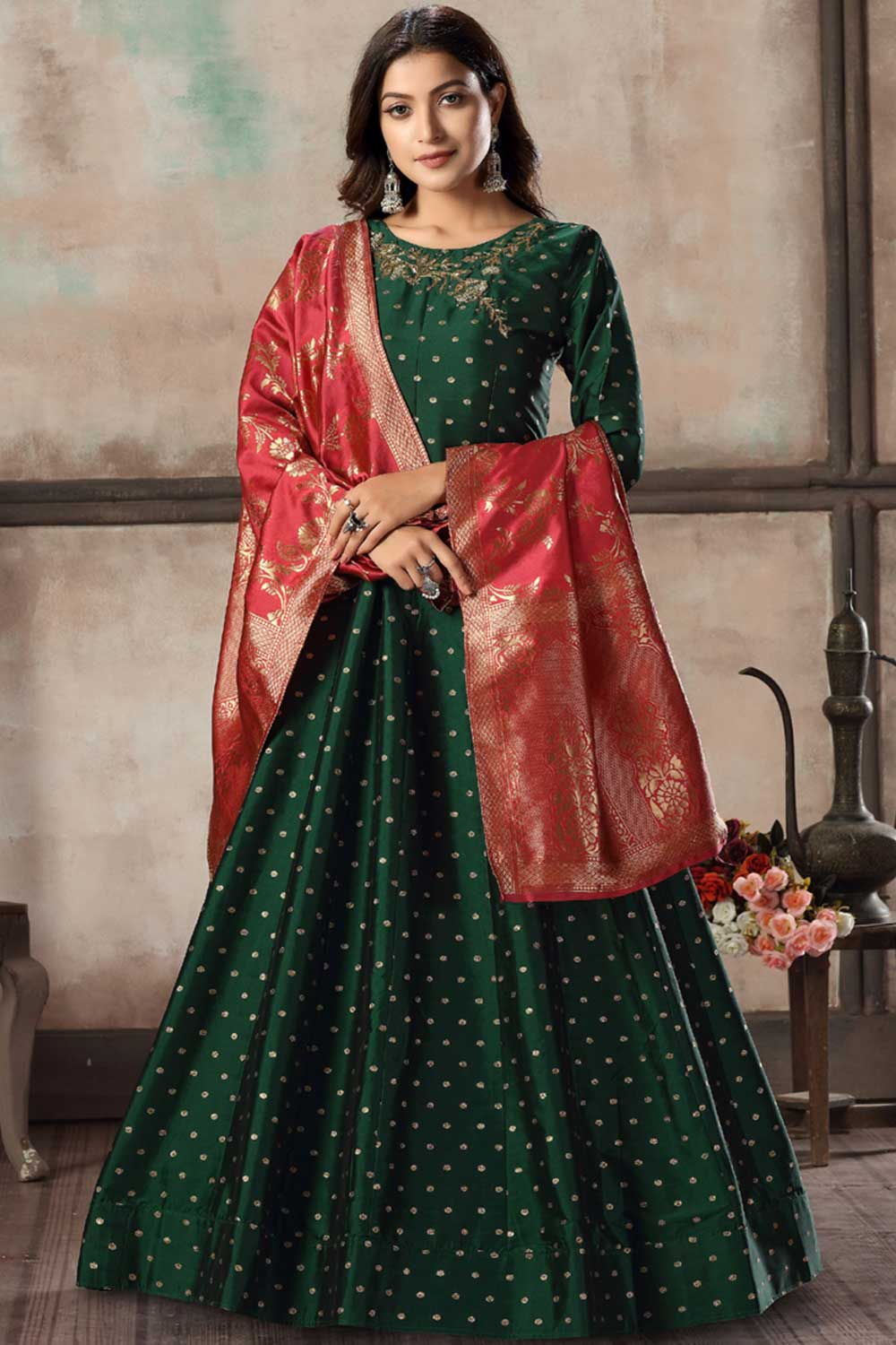 Green Silk Resham Embroidery Anarkali Suit Set