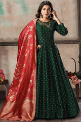 Buy green silk resham embroidery Anarkali Suit Set Online - Front
