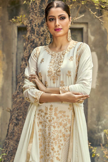 White Georgette Resham Embroidery Palazzo Suit Set