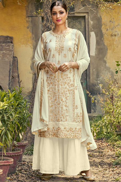 Buy white Georgette resham embroidery Palazzo Suit Set Online - Back