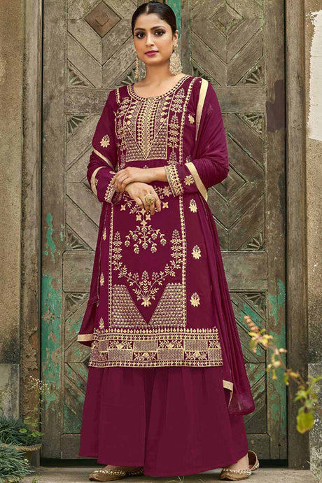 Buy wine Georgette resham embroidery Palazzo Suit Set Online - Back