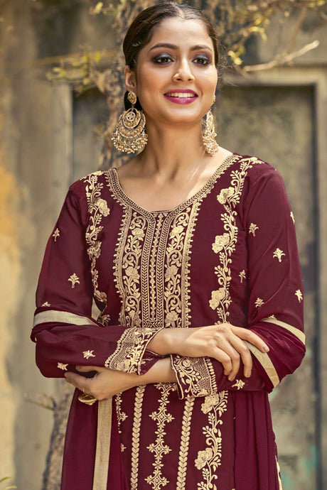 Maroon Georgette Resham Embroidery Palazzo Suit Set
