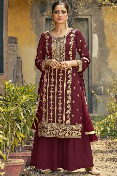 Buy maroon Georgette resham embroidery Palazzo Suit Set Online - Back