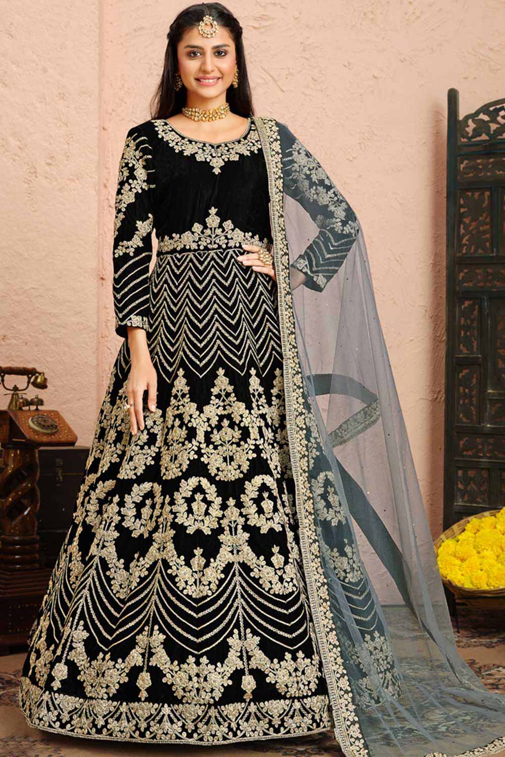 Buy black velvet resham embroidery Anarkali Suit Set Online - Front