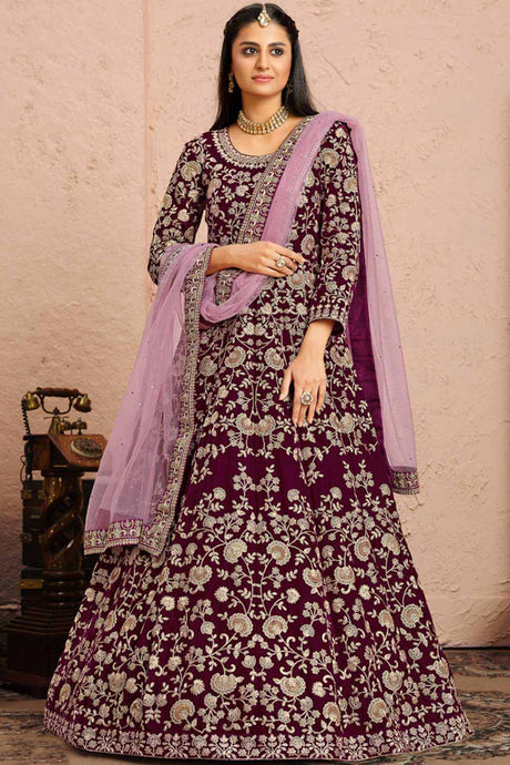 Buy wine velvet resham embroidery Anarkali Suit Set Online - Back