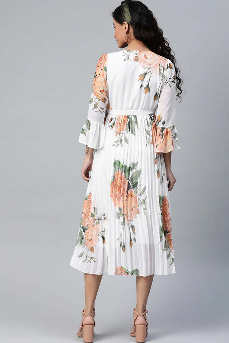 White & Peach-Coloured Floral Printed Accordion Pleated Wrap Dress