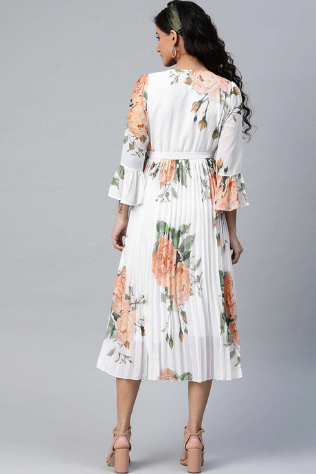 White & Peach-Colored Floral Printed Accordion Pleated Wrap Dress