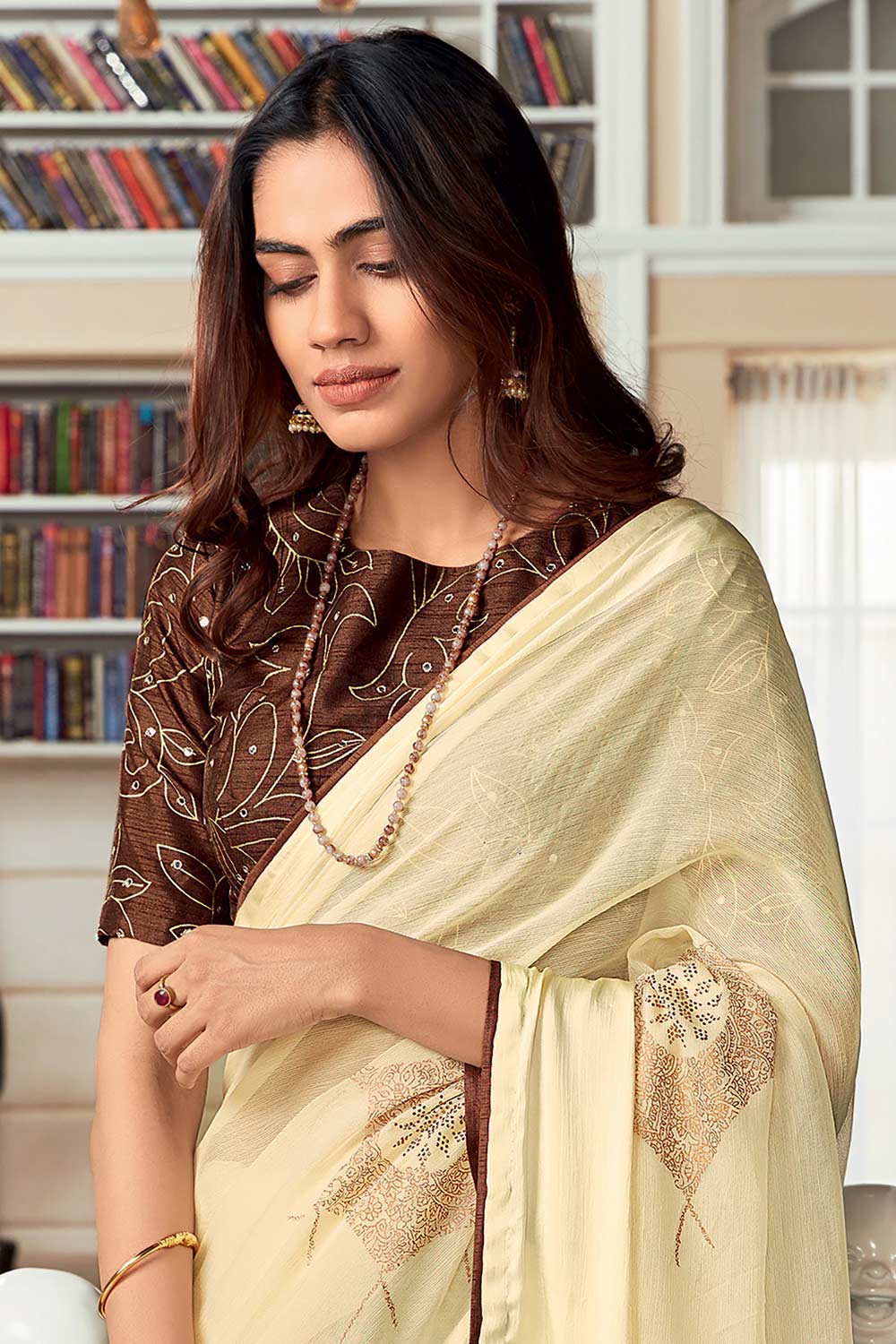 Off White Silk Blend Abstract Embellished Saree