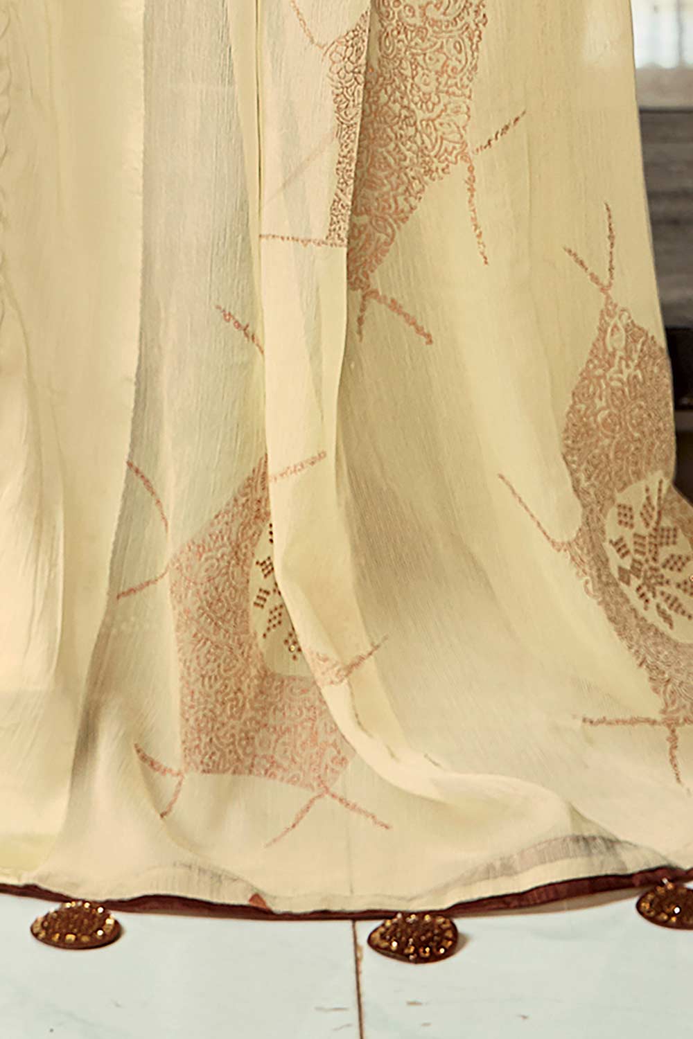 Off White Silk Blend Abstract Embellished Saree