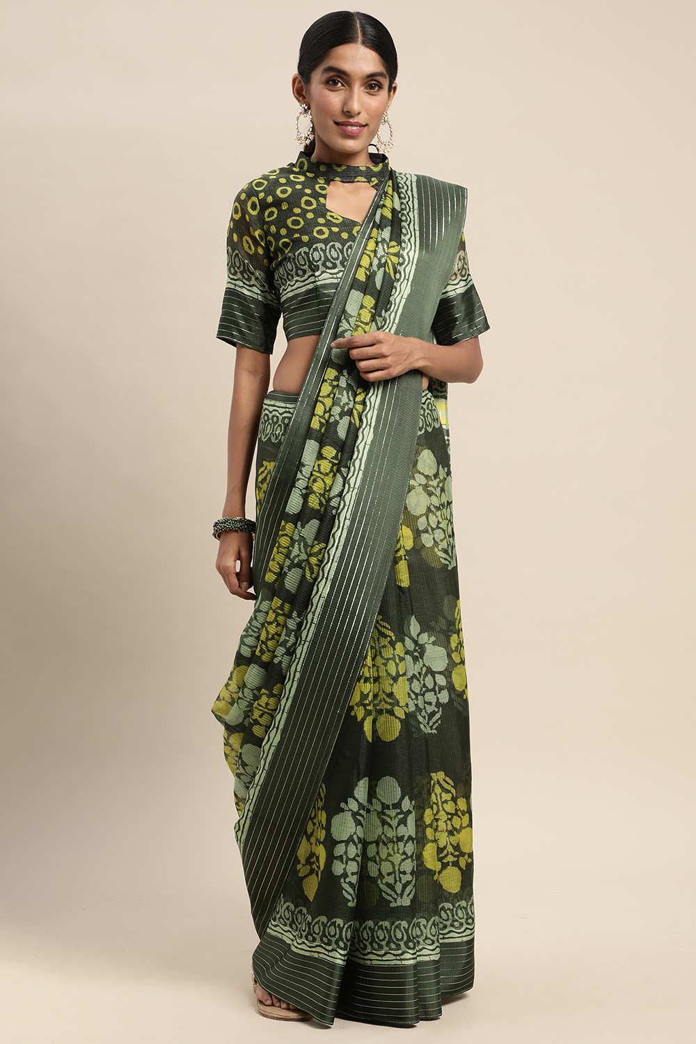 Olive Brasso Bagh Block Print Saree