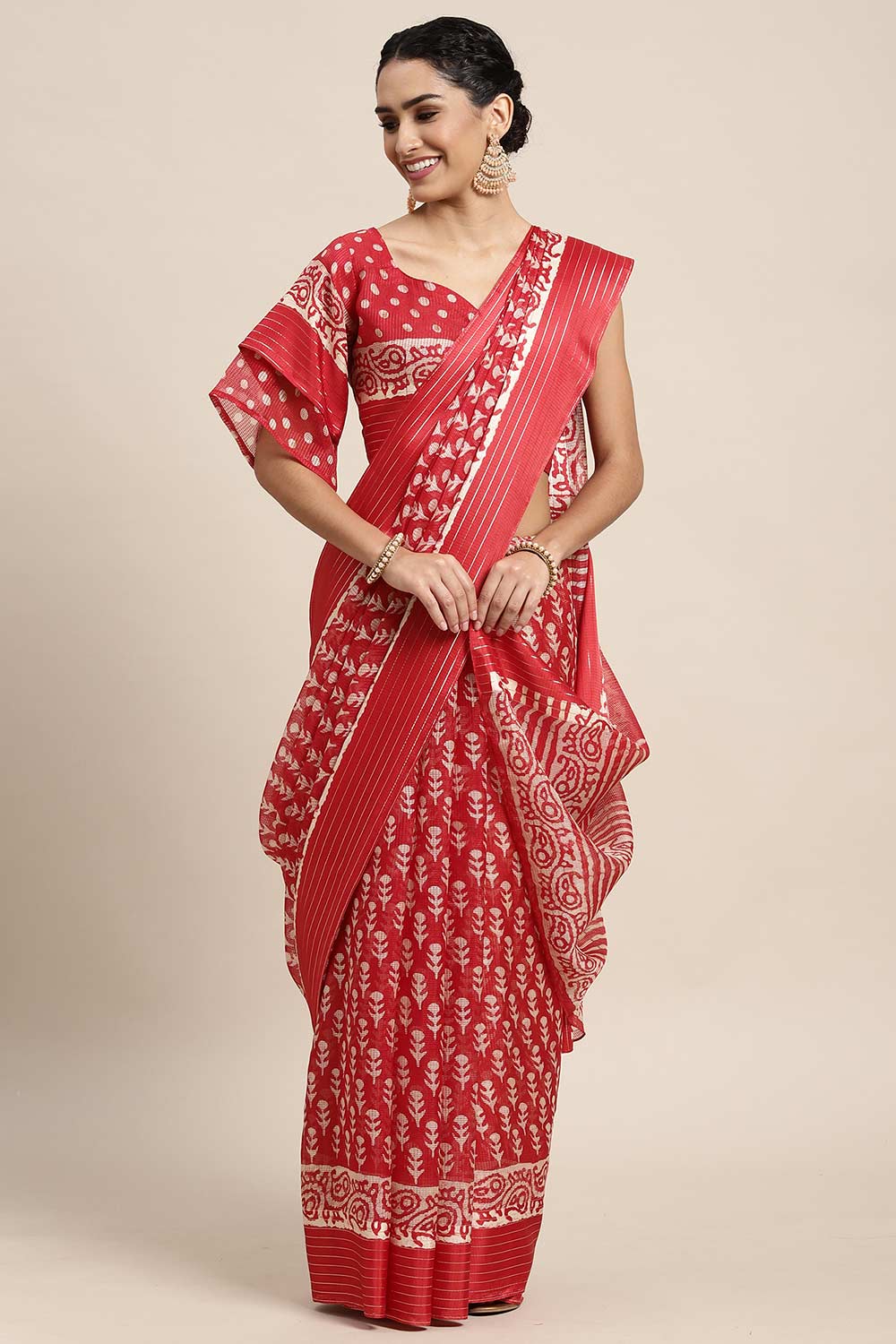 Red Brasso Batik Ikat Print Saree