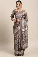 Charcoal Grey Brasso Bagru Ikat Print Saree