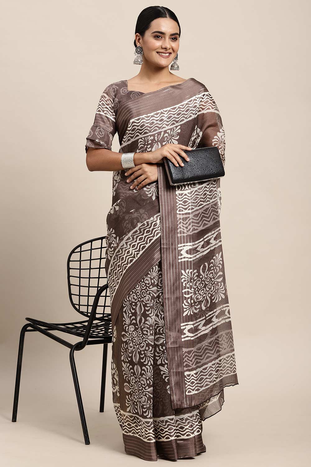 Charcoal Grey Brasso Bagru Ikat Print Saree