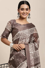 Charcoal Grey Brasso Bagru Ikat Print Saree